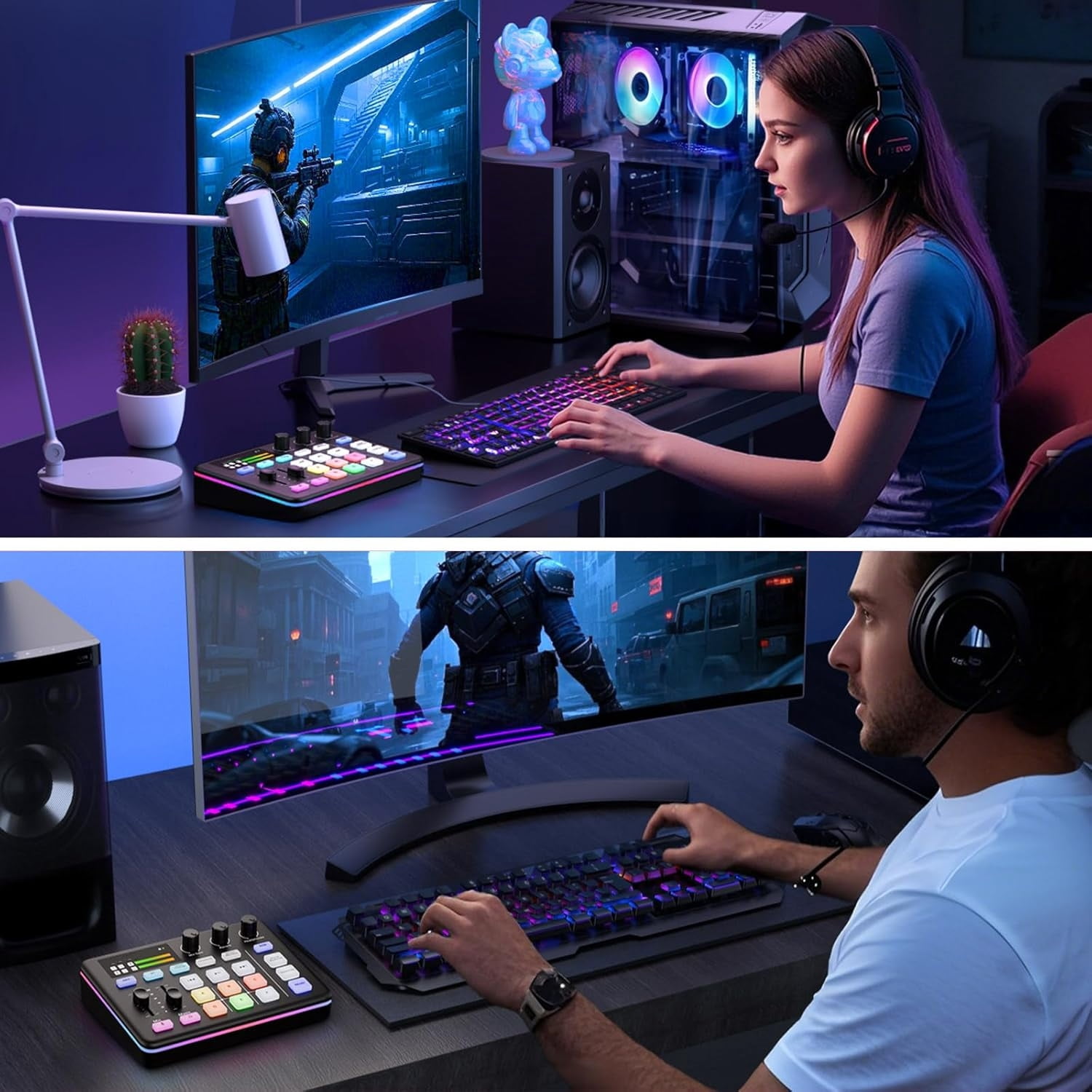 Audio Mixer, Live Sound Card, Voice Changer Kit with RGB Audio Interface,Pro-preamp, Bluetooth Streaming PC Mixer with XLR/48V Phantom Power for Live Streaming,Podcasting,Content Create,Gaming(Black)