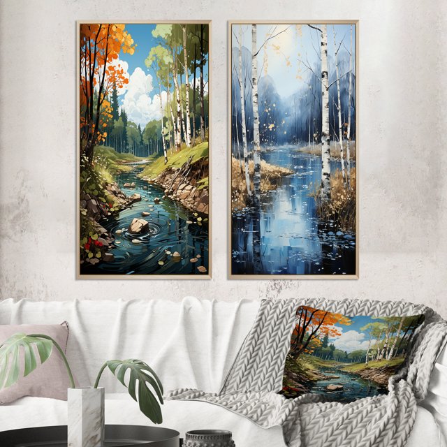 Designart "Serenity Falls Birch Woods I" Tree Birch Framed Wall Art Set Of 2 - Green Floral Frame Gallery Set For Office Decor