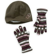 Girls' Stripe and Heart Glittered Fleece Beanie & Gloves Set