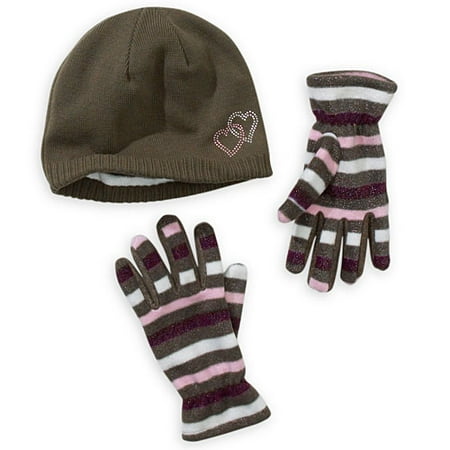Girls' Stripe and Heart Glittered Fleece Beanie & Gloves Set