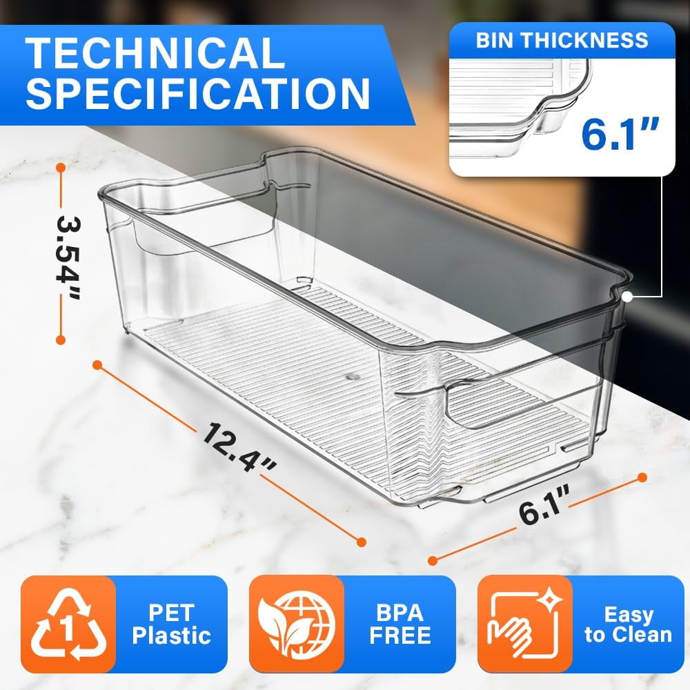 LifeMaster Stackable Fridge Organizer PET Clear Bins - Pack of 14 | Maximize Storage Space, Easy to Clean, Versatile for Fridge, Cabinet, Pantry, Countertops | Durable PET Plastic