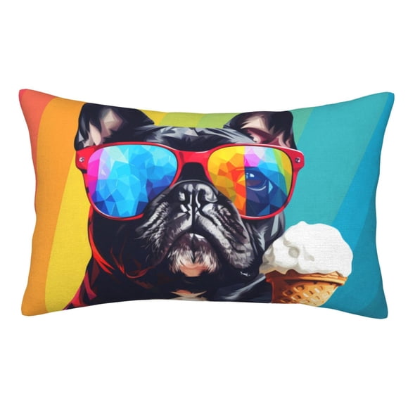 Fotbe Rainbow Bulldog Sunglasses Funda de Almohada Decorativa Estilo Occidental, Lujo en Algodón, Fundas para Almohadas King, Cojín Estampado para Decoración del Hogar-14"x20"