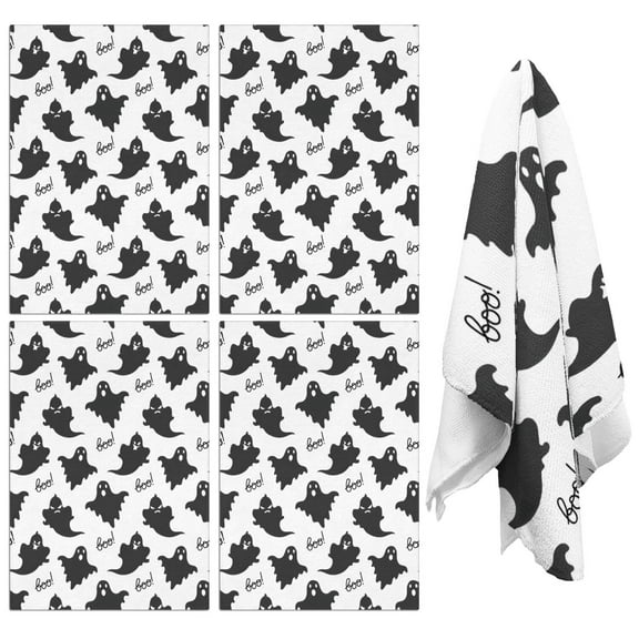 Set of 4 Halloween Dish Towels and Hand Towels, 18x26 Inch - Soft Absorbent Fast Dry Kitchen Towels with Witch, Spider Web Prints in Orange and Black for Holiday Decor