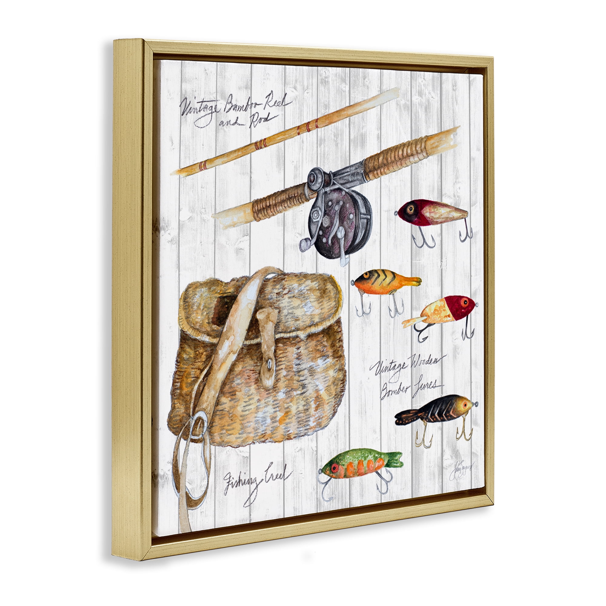 Stupell Industries Fishing Tackle Box Nautical & Beach Painting Gold Floater Framed Canvas Art Print Wall Art, 18 x 18