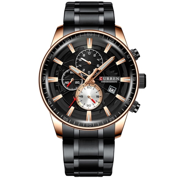 CURREN CURREN 8362 Montre à Quartz pour Homme en Acier Inoxydable avec Chronographe, Affichage de la Date et Résistance à l'Eau 3 Atm - Boîtier Or Rose, Cadran Noir, Style Affaires Décontracté