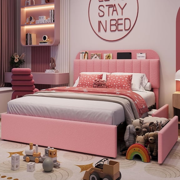 Twin/Twin XL/Full/Queen Size Platform Bed Frame with Storage Headboard & 2 Drawers, Upholstered Cute Platform Bed with Bookcase, Sturdy Wooden Slats Support, No Box Spring Needed, Noise Free