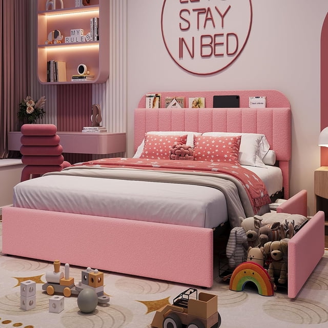 Cadre de Lit Format Simple/Simple TG/Double/Grand avec Tête de Lit de Rangement, Cadre de Lit pour Filles avec 2 Tiroirs, Lit Plateforme Rembourré en Bouclé avec Bibliothèque, Aucun Sommier Requis, Assemblage Facile