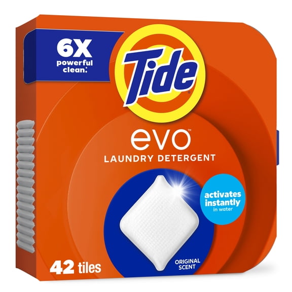 Tide Evo Laundry Detergent Tiles, 100% Concentrated, 6X Cleaning Power, Original Tide Scent, 42 Count