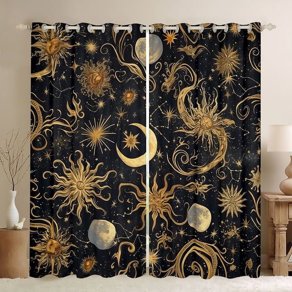 Homewish Moon Sun Black Out Curtains for Teens Adults Female Men,Bohemian Theme Curtains Pack of 2 (42x63 Each),Starry Sky Bedroom Curtains,Ultra Soft Home Decor