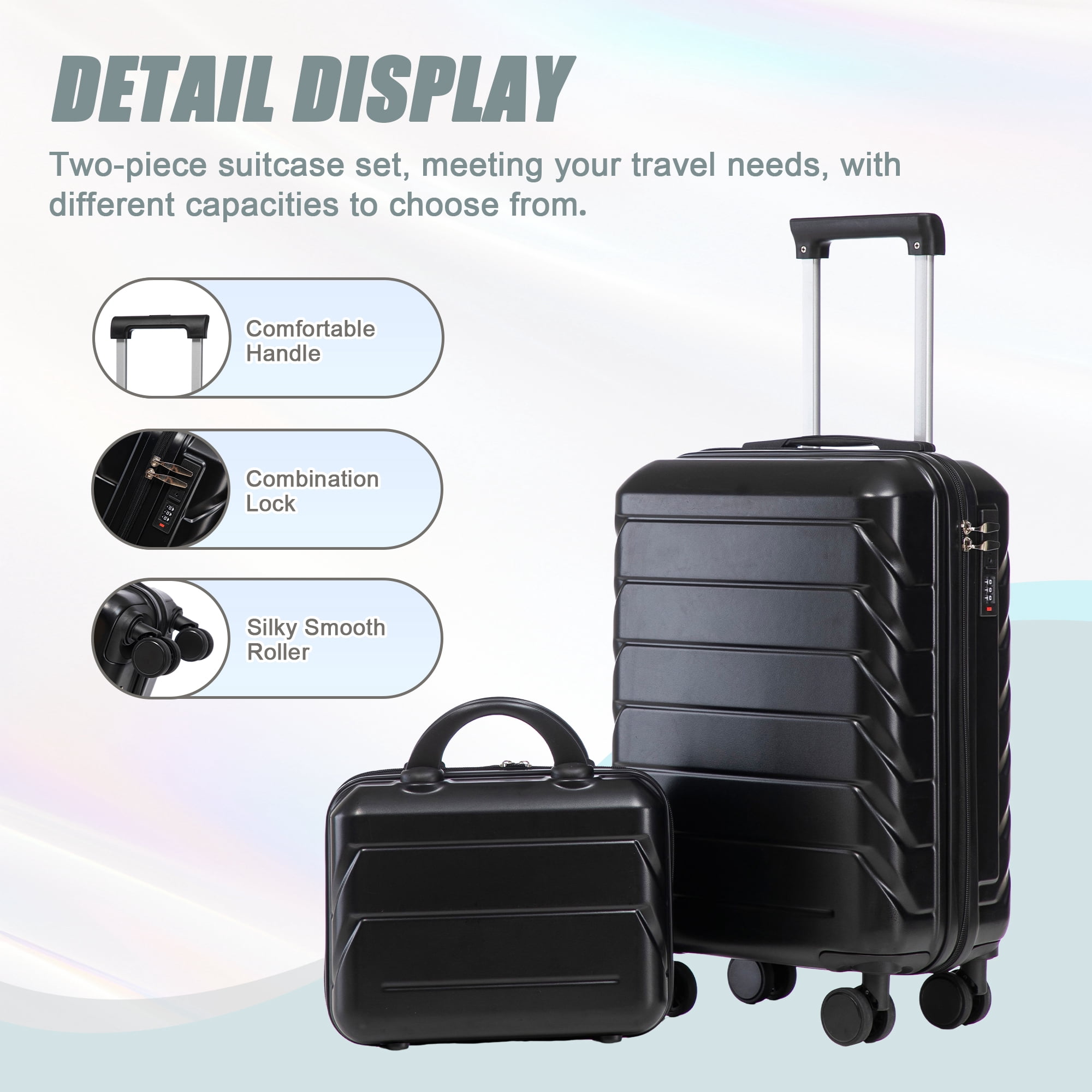 Alvantor 2 Pcs Luggage Set with Combination Lock, 20" ABS Spinner Suitcase & 14" Cosmetic Case, Black