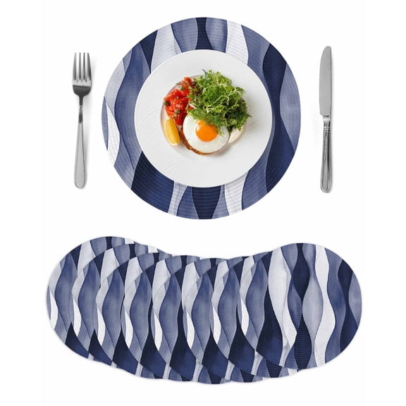 Round Woven Placemats set of 8, Abstract Wave Pattern Texture Washable&Heat Resistant Plastic Wipeable Placemats for Round Table Navy Blue Kitchen Dining Table Decor, 15in,