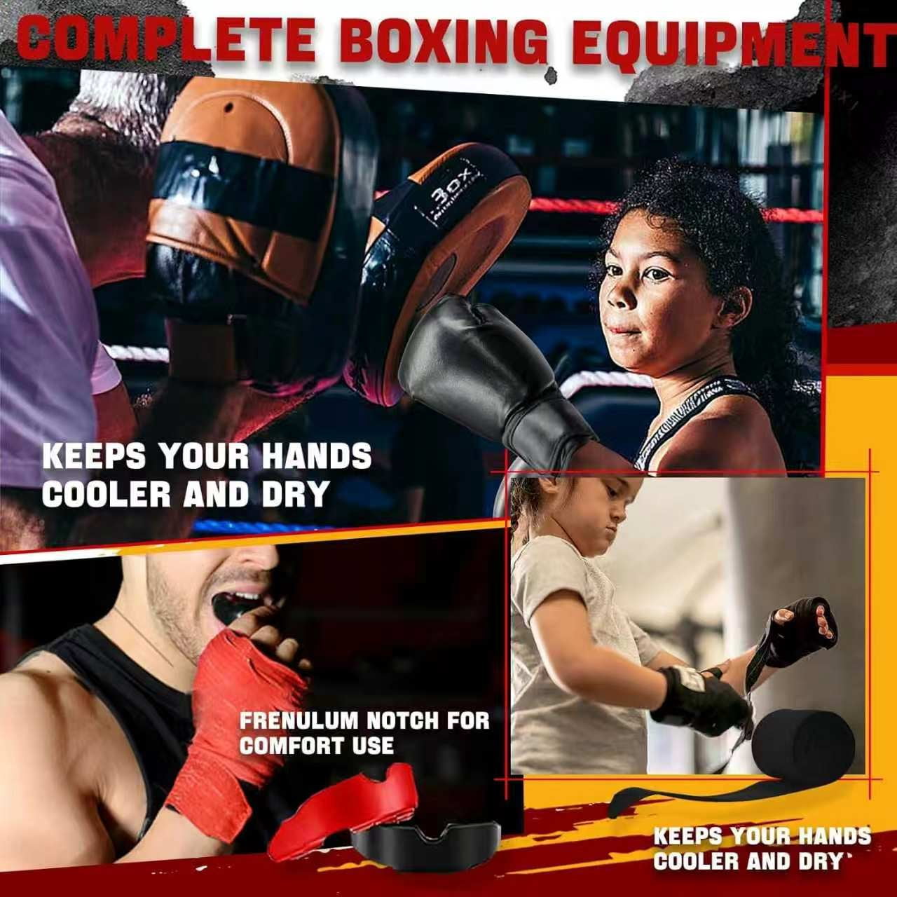 Deep Dream Kids Adjustable PU Leather Boxing Gloves Kit with Headgear, Hand Wraps, Mouth Guards for Boxing Workouts, Black, 6 oz, 14 Piece