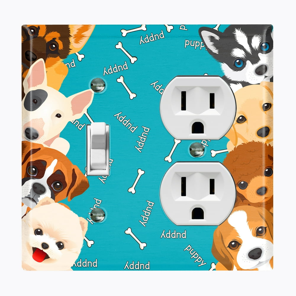 Metal Light Switch Plate Outlet Cover (Cute Puppy Dog Teal Single