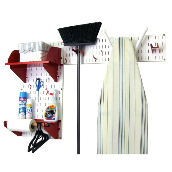 Wall Control Standard Laundry Room Closet Wall Organizer System – White Wall Organizer Panels with Red Hooks and Accessories