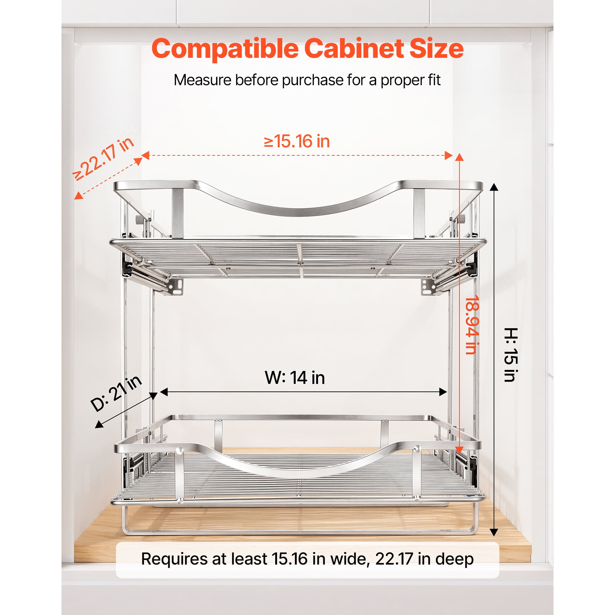 KFFKFF 2-Tier Slide-Out Cabinet Organizer, 14.17"W x 21.06"D, Chrome-Plated Steel Shelves for Kitchen, Bathroom, and Pantry Storage