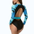 thumbnail image 3 of WREESH Womens One Piece Swimsuit Long Sleeve Rash Guard Swim Suits Surfing Bathing Suits Plus Size Zipper Sports Swimwear Conservative Panel Color Sunscreen Swimwear Diving Suit Surfing Suit Blue, 3 of 6
