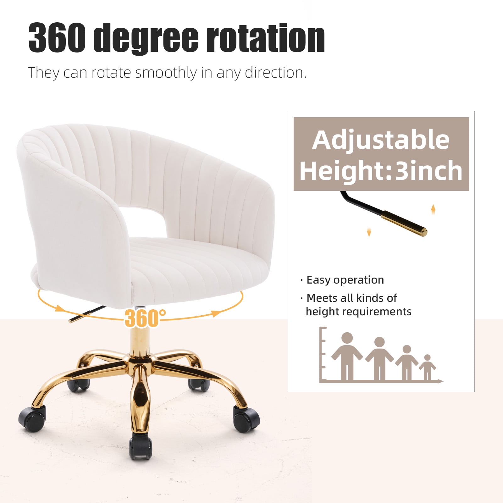 MOONMISS Modern Velvet Office Chair with Gold Base,Adjustable Swivel Desk Chair with Wheels,Low Back Rolling Vanity Chair,Ivory