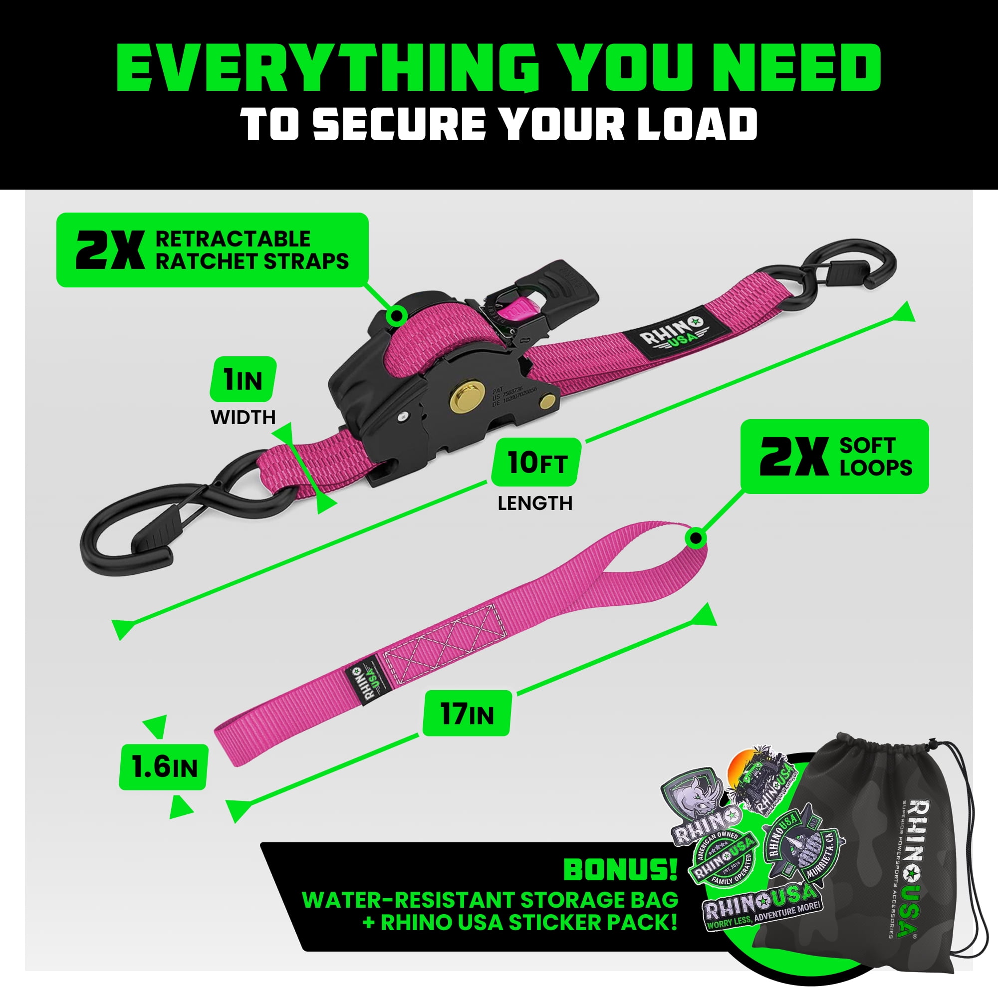 Rhino USA Retractable Ratchet Straps (2-Pack) - 1 Inch x 10 Feet (1,209lb Break Strength) - Auto Self Retracting Tie Down Straps for Truck, Cargo Trailer, Motorcycle, ATV, UTV - Pink