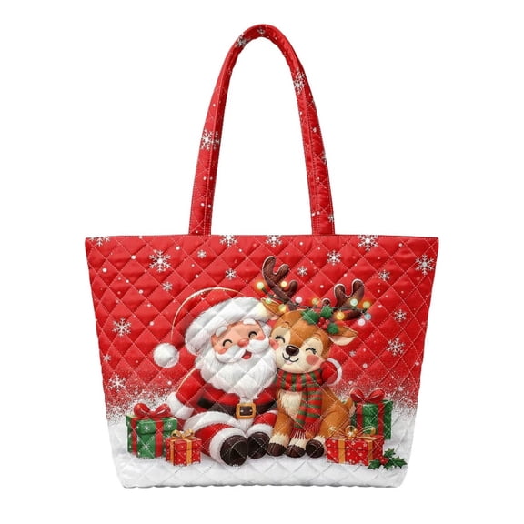 Glofpot Quilted Tote Bag, Quilted Shoulder Tote Bag For Women, Large Capacity Zipper Casual Everyday Work Travel Holiday Handbag, Santa Reindeer
