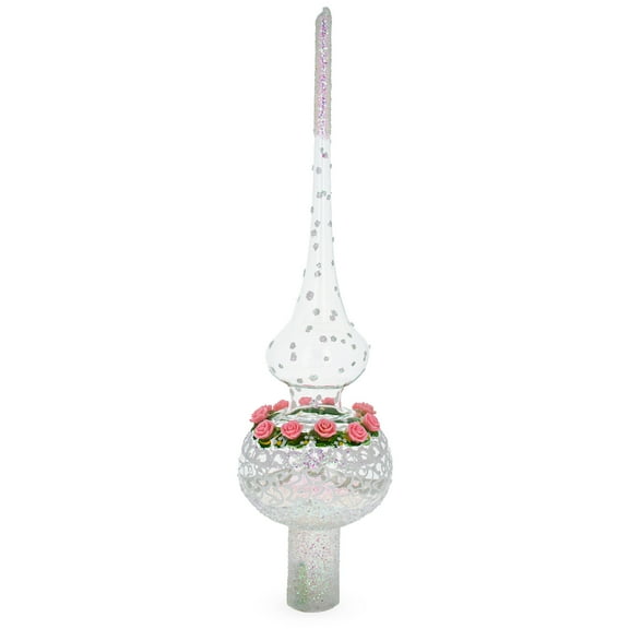 Pink Roses on Silver Swirls and Clear Glass Christmas Tree Topper 11 Inches