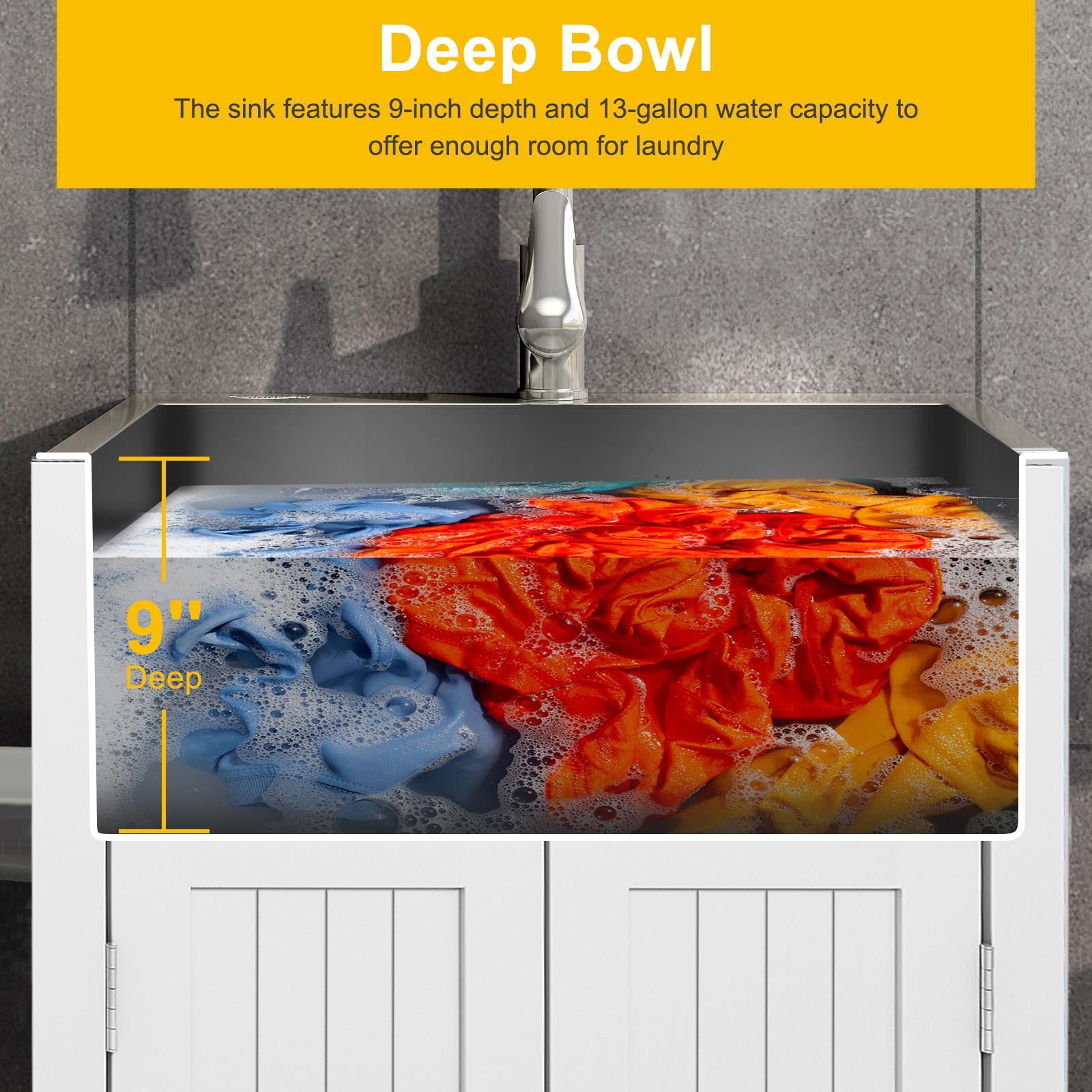 Ktaxon Stainless Steel Utility Sink Laundry Sink with Cabinet and Pull-Out Sprayer Faucet, White Cabinet with Sink for Utility Room, Kitchen, Bathroom