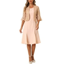 INSPIRE CHIC 2 Piece Dress Sets for Women's Long Sleeve Lace Cropped Shrug Sleeveless Midi Dresses Party Dress XL Pink