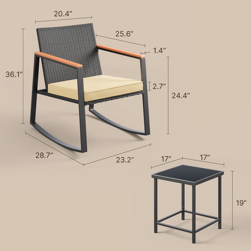 3 PCS Wicker Patio Set, Wicker Rattan Chairs and Tempered Glass Table, for Porch, Balcony, Backyard- Includes Beige Cushions