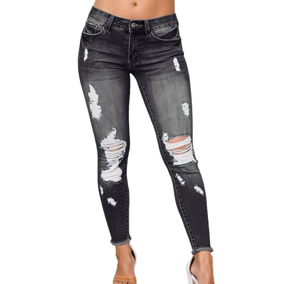 Zhanying Denim Jeans for Women Stretchy Ripped Hole Skinny Jeans Butt Lifting Distressed Denim Pants with Pockets Trousers Black L
