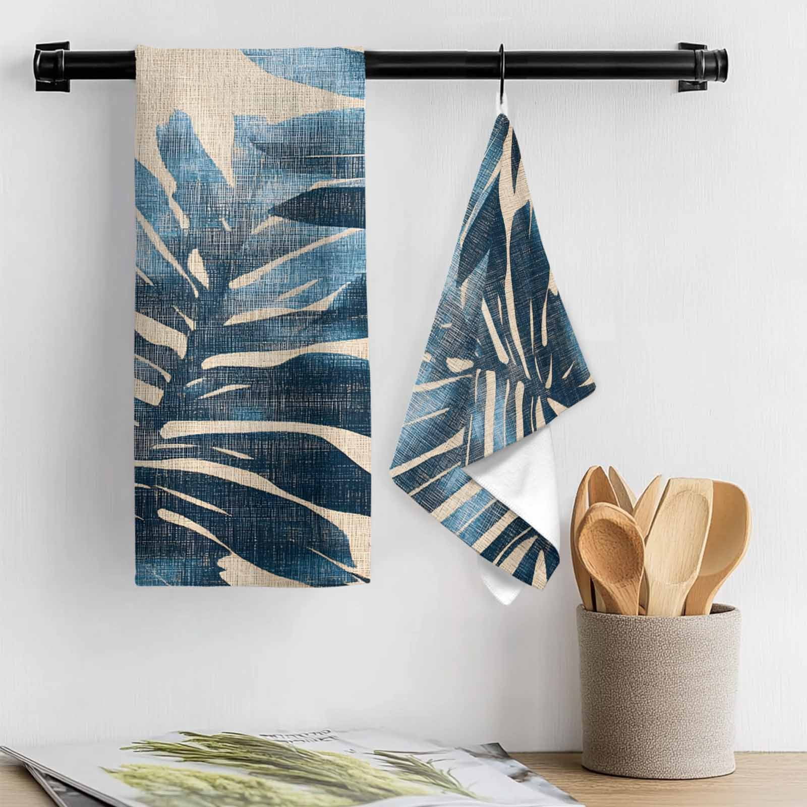 Blue Brown Palm Leaf Kitchen Towel Dish Cloths Set of 3, Microfiber Soft Kitchen Hand Towels, Retro Summer Botanical Absorbent Quick Drying Dishcloths 18 x 28 Inches