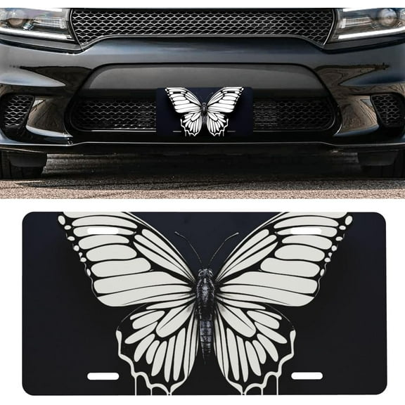 A Black and White Butterfly License Plate Decorative Front Car Metal Plates Cover Vanity Tag Metal Car Plate Aluminum Novelty License Plate 6 X 12 Inch