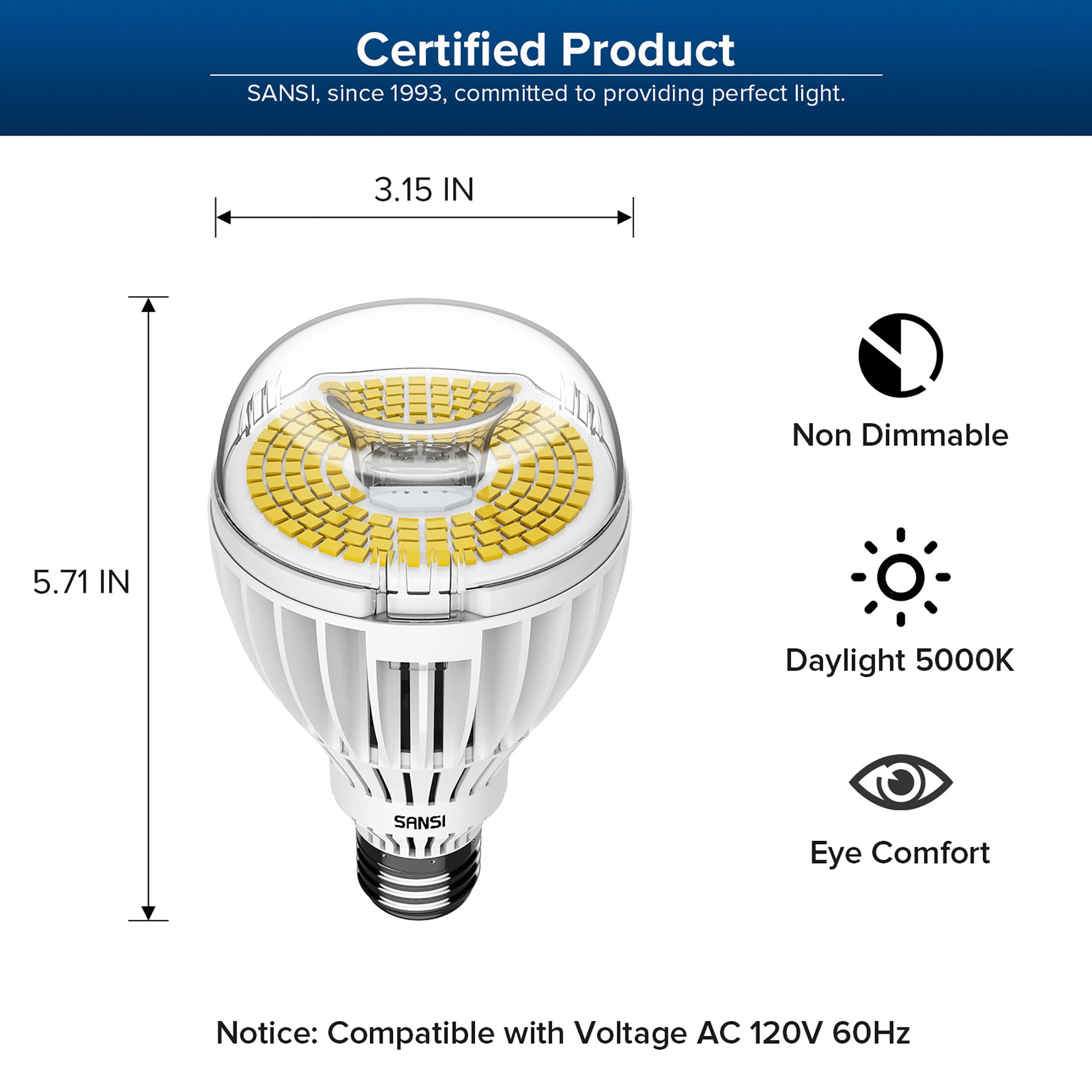 SANSI Ultra Bright Energy Efficient 36W (350W Equiv) LED Light Bulb, 5500 Lumens, E26 Base, 5000K Daylight, Non-Dimmable