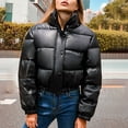 thumbnail image 2 of Winter Thick Warm Cropped Puffer Jacket Women Black PU Leather Parkas Elegant Zipper Coat Cotton Padded Punk Outwear, 2 of 6