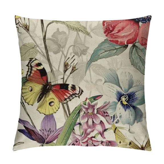 Qinduosi Throw Pillow Covers Decorative Spring Pillow Covers Linen Flower Butterfly Farmhouse Pillowcases for Sofa Couch Living Room Outdoor White