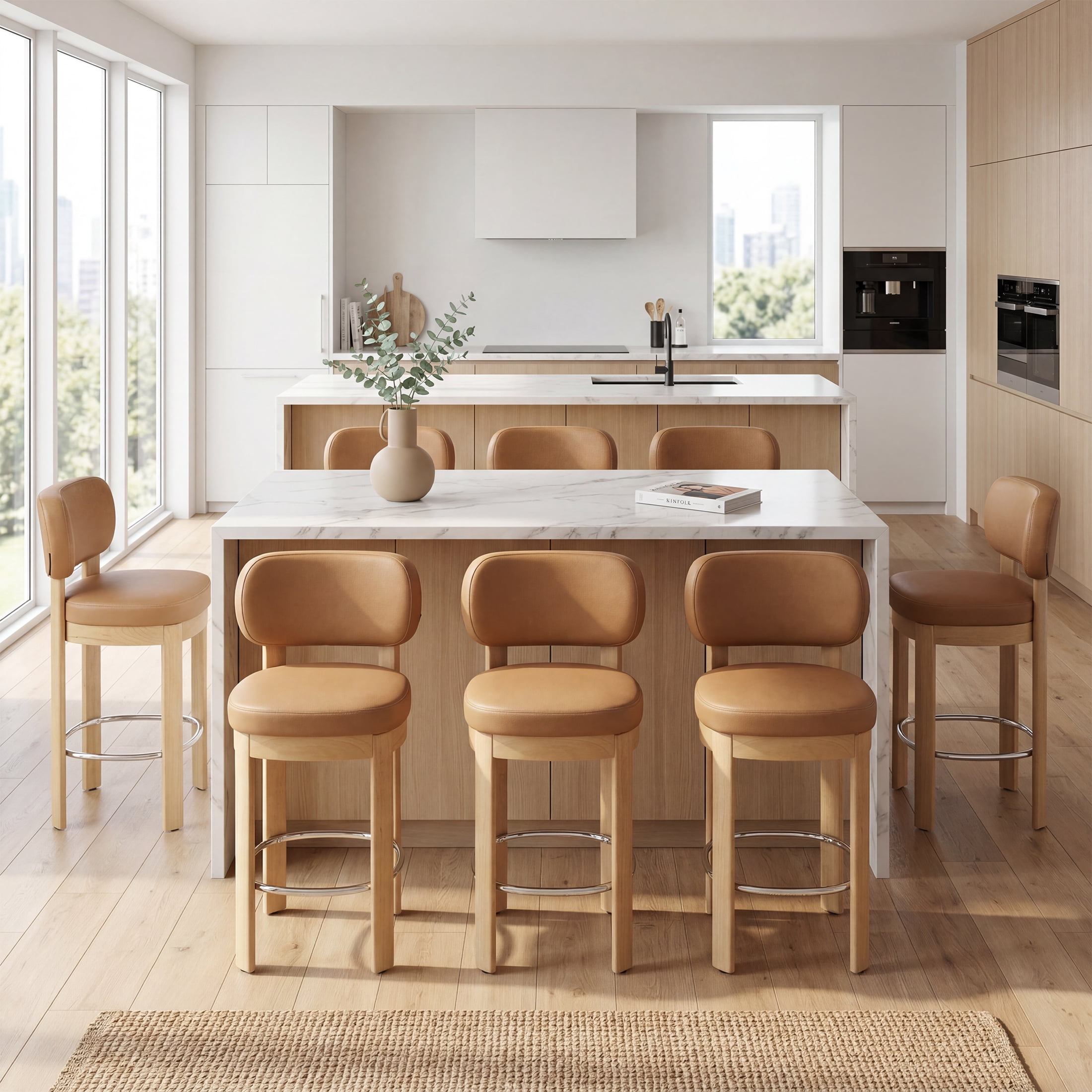 Guyou 26" Bar Stools Set of 4, Modern PU Upholstered Counter Height Bar Stools, Farmhouse Armless Bar Chairs with Solid Wood Legs & Padded Back for Kitchen Island/Dining Room Bar, Brown