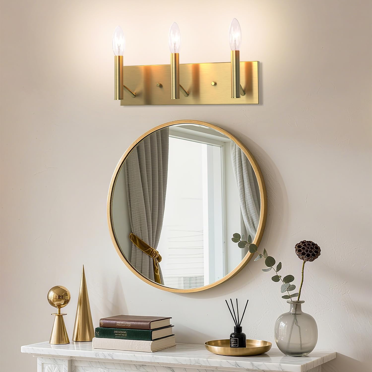 RGHJAR-Bathroom Light Vanity Fixtures Over Mirror, 3-Lights Modern Brushed Gold Wall Sconces, Minimalist Wall Lights for Livingroom Bedroom Entryway Hallway Staircase, E12 Base(Bulbs Not Included)
