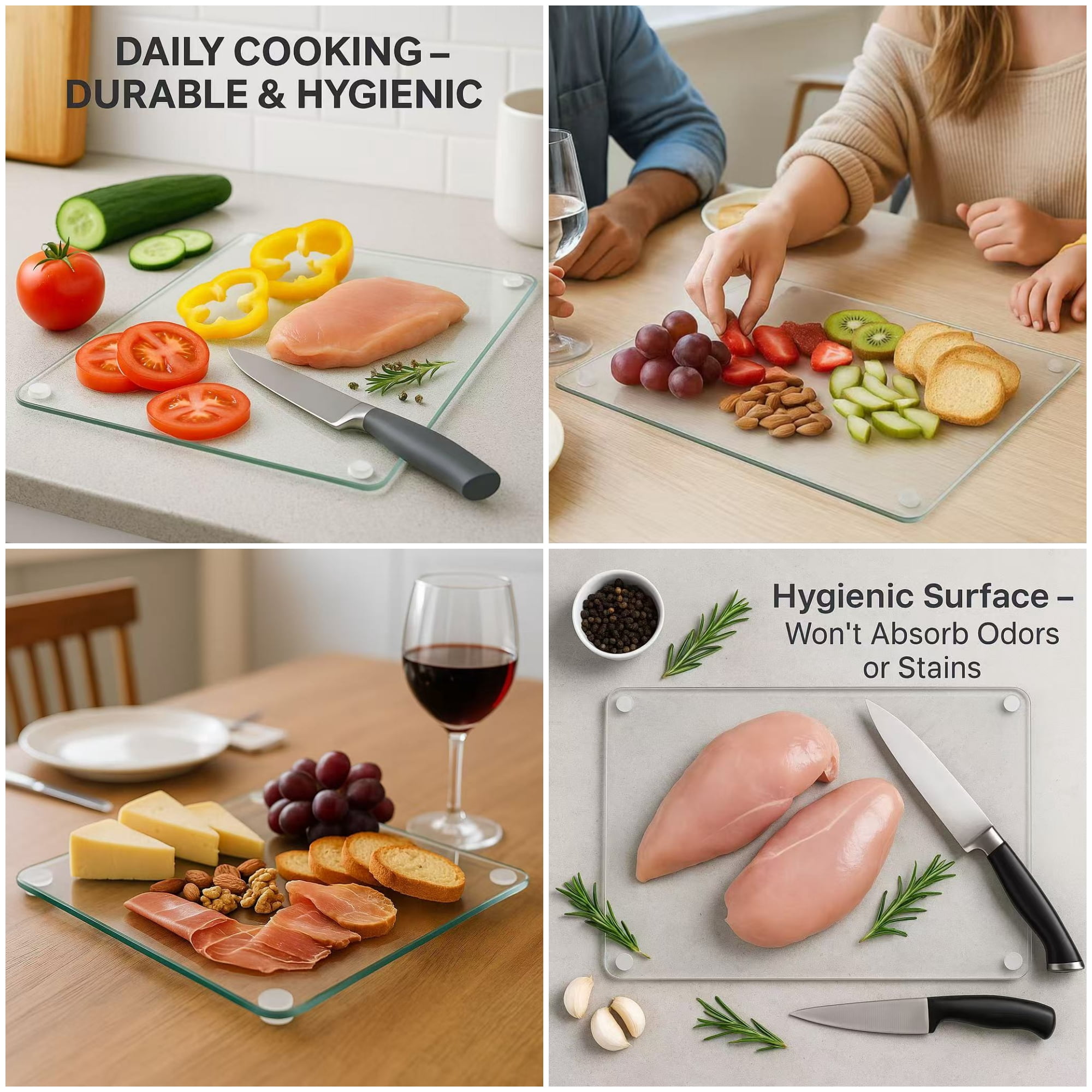 Set of 4 Tempered Glass Cutting Boards for Kitchen, Clear Non-Slip Chopping Boards with Rubber Feet, Heat-Resistant Shatterproof Countertop Protector, 2 Sizes (16"x12" & 12"x8")