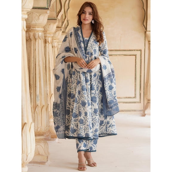 KALINI Floral Printed Anarkali Pure Cotton Kurta with Trousers & Dupatta - Indian Ethnic Traditional Wear Kurta Set