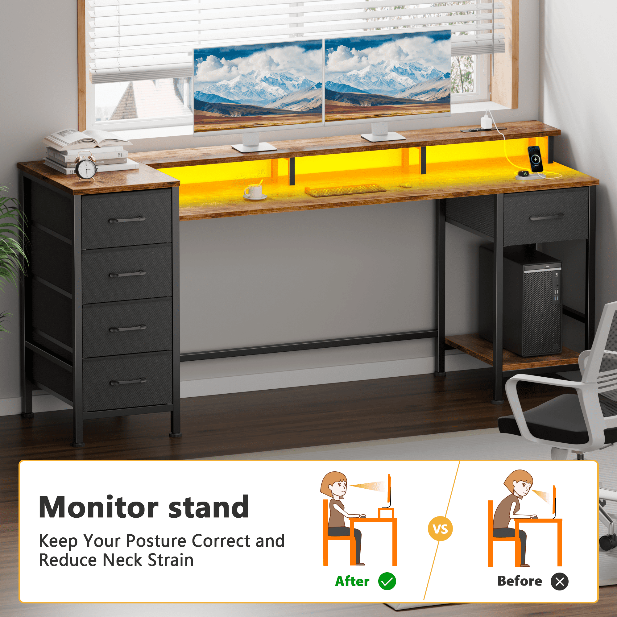 Satifur 61" Computer Desk with LED Lights & Power Outlets, Gaming Desk with 5 Fabric Drawers & Open Shelves, Reversible Home Office Desk,Black