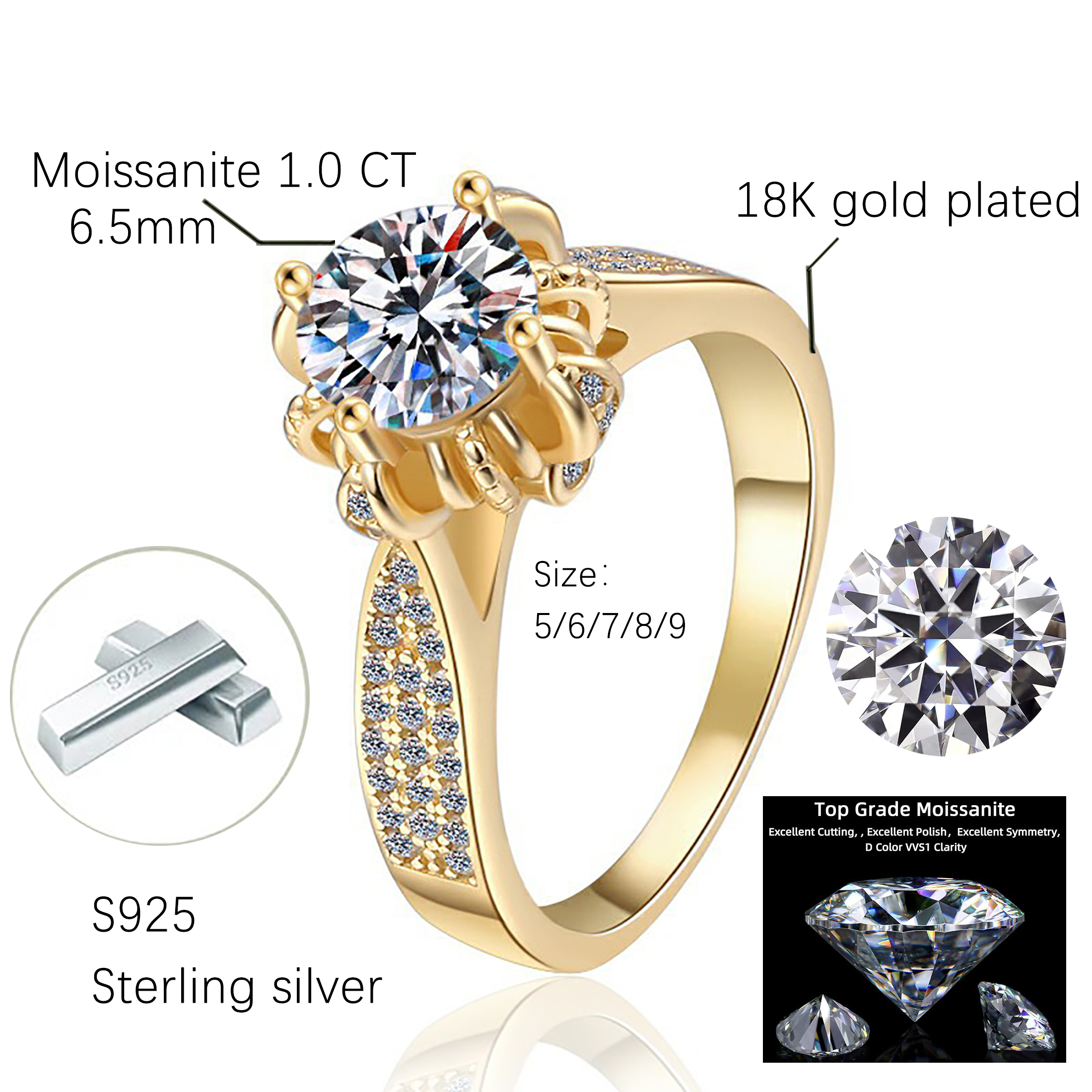 1.0ct Moissanite Diamond Petal Engagement Ring for Women D Colour Sparkling Halo Lover Genuine Moissanite Wedding Promise Four-claw Flower Shape Group Diamond Bridal Jewelry