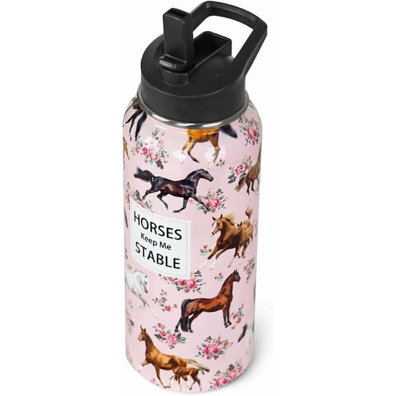 32oz Stainless Steel Vacuum Insulated Tumbler with Straws - Double Walled, Leak Proof, Horse & Floral Design - Sports Water Bottle, Thermal Travel Cup, Equestrian Gift