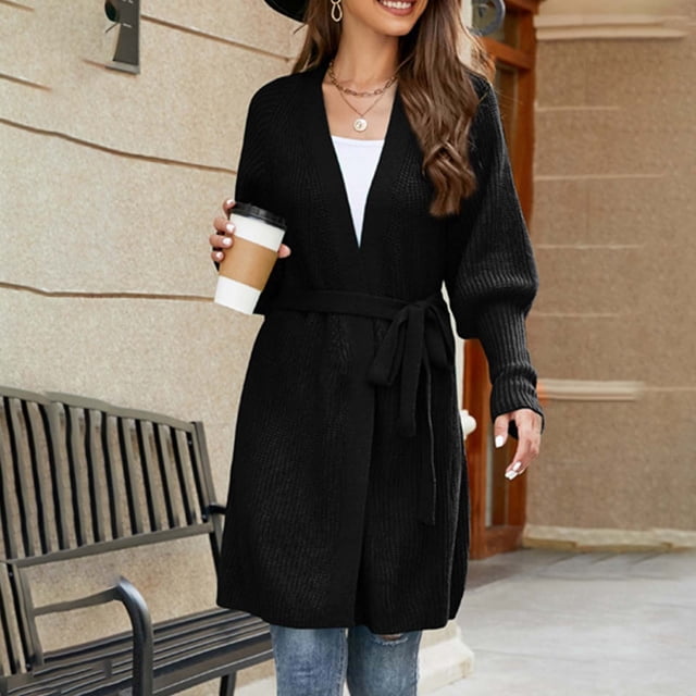 Qetyuw Womens Long Cardigan Sweaters Knit Long Sleeve Loose Open Front Cardigans Casual Lightweight Coat