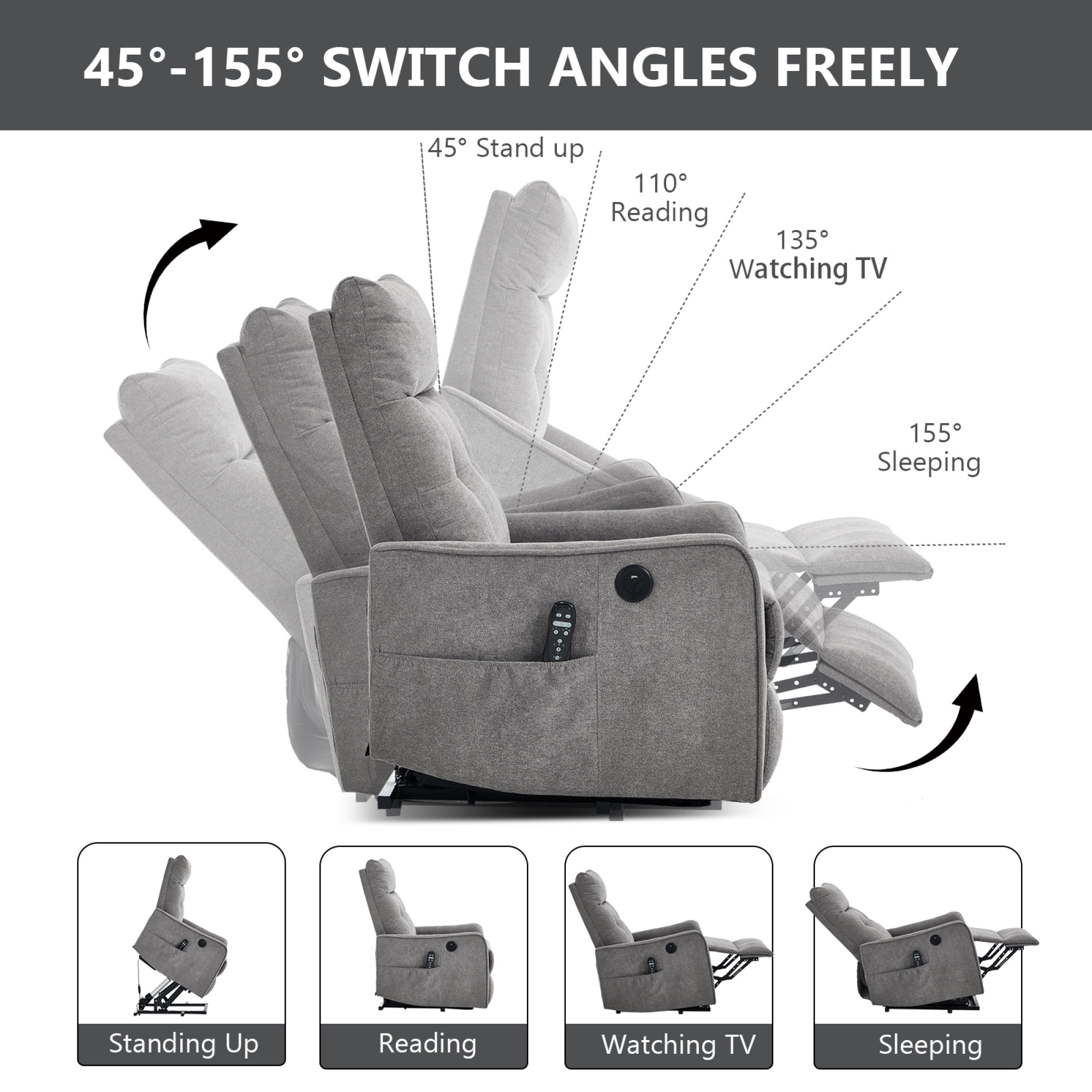 Leumius Power Lift Recliner Chair with Massage and Heat for Elderly,Heavy Duty Electric Reclining Chair with Side Pockets,USB Charge Port for Living Room,Light Gray+Chenille