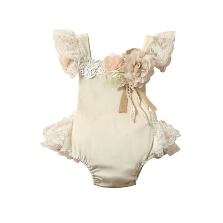 

Caitzr Baby Girls Romper Sleeveless Square Neck Lace Hem Solid Flower Stitch Playsuit with Lace Skirt
