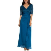 Betsy & Adam Women's Lace Top Waterfall Detail Gown Blue Size 16