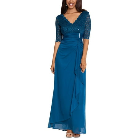 Betsy & Adam Women's Lace Top Waterfall Detail Gown Blue Size 16