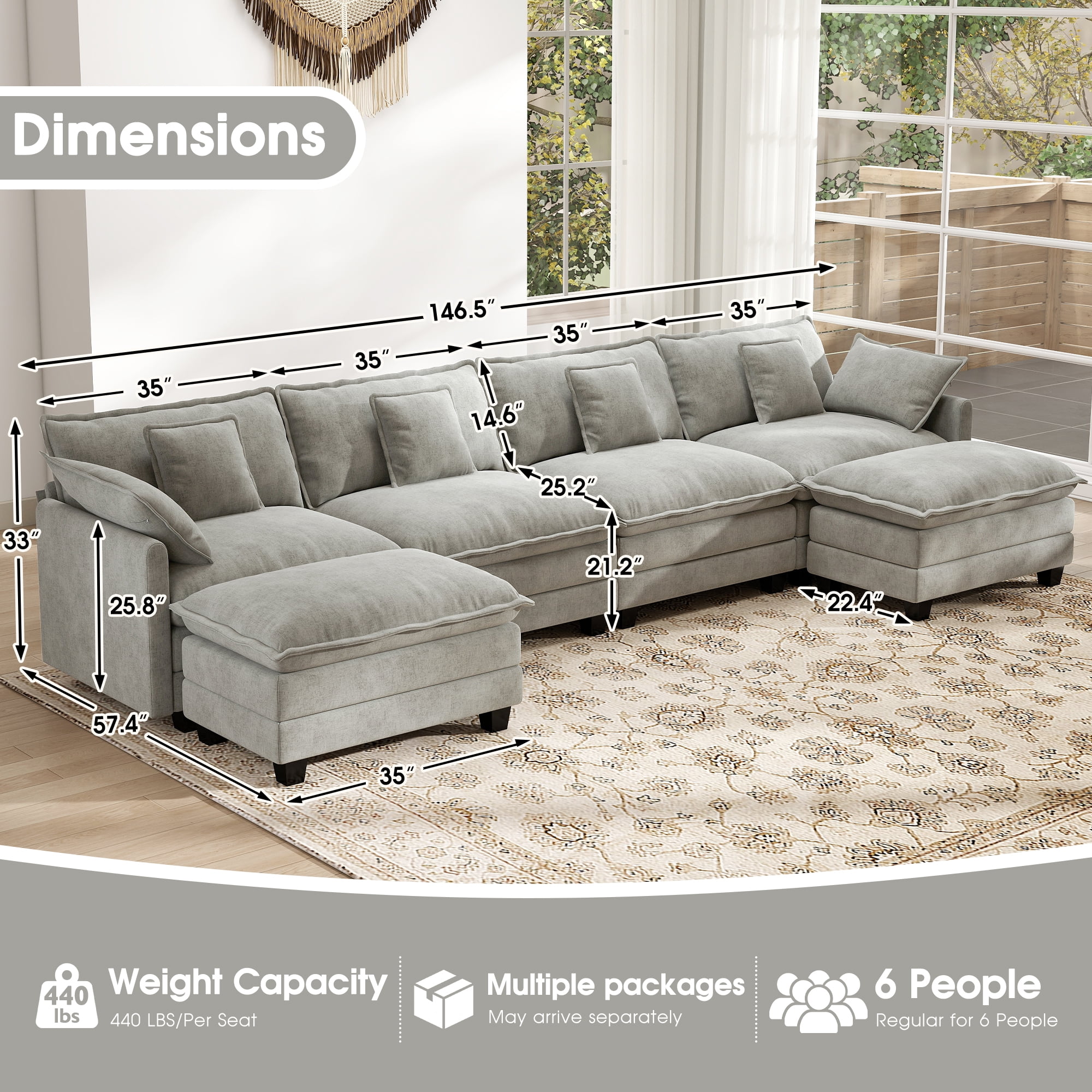 BedLuxury 146.5'' U shape Modular Sectional Sofa with Movable Ottomans, Modern Chenille Deep Seat Couches for Living Room, Apartment, Office, 4-Seat, Grey