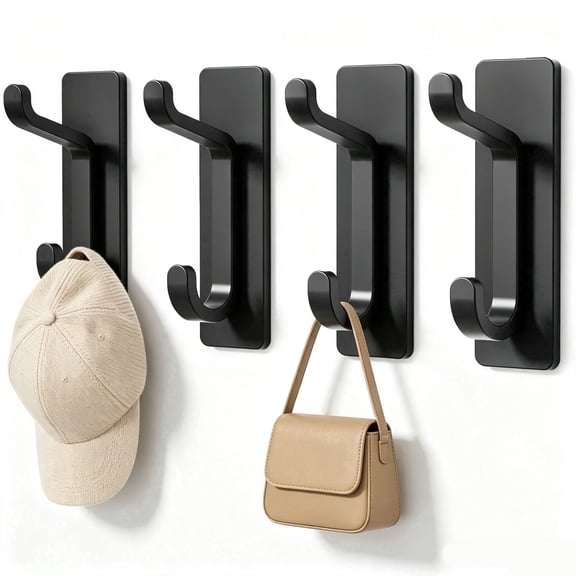 Heavy‑Duty Stick‑On Wall Hooks 13LB Holding Capacity, Black Adhesive Door Hooks for Towel Coat, No Nails for Bathroom Entryway, 4 Pack