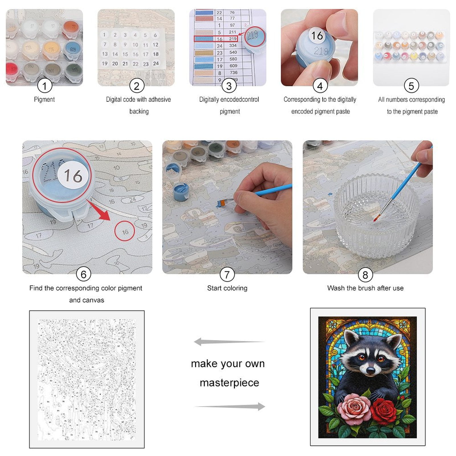 Paint By Numbers Kit for Adults Beginner - DIY Raccoon Stained Glass Roses Art Canvas Painting Kits for Adults, Frameless Paint By Number for Adults for Home Wall Decor 16x20 Inch