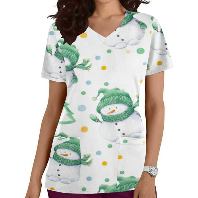 EGNMCR Hauts de Soins Infirmiers pour Femmes, Uniforme de Travail Imprimé de Noël, Manches Courtes, Col en V, Blouse de Travail avec Poches, Costumes de Noël