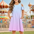 thumbnail image 2 of snilers Girls Summer Dress Short Sleeve Cold Shoulder Crew Neck Swing Gradient Dresses Beach Vacation Sundress with Pockets Size 3-14 Years, 2 of 8
